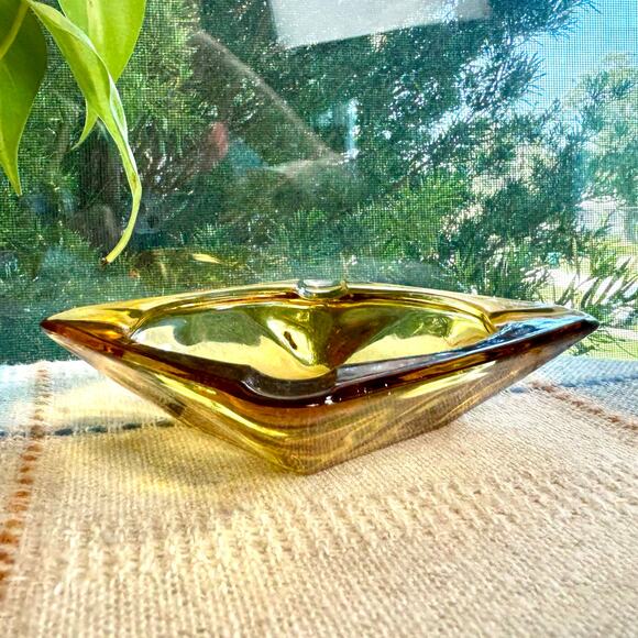 Vintage Amber Cut Glass Ashtray – 4.75” Square Mid-Century Modern - Picture 2 of 14
